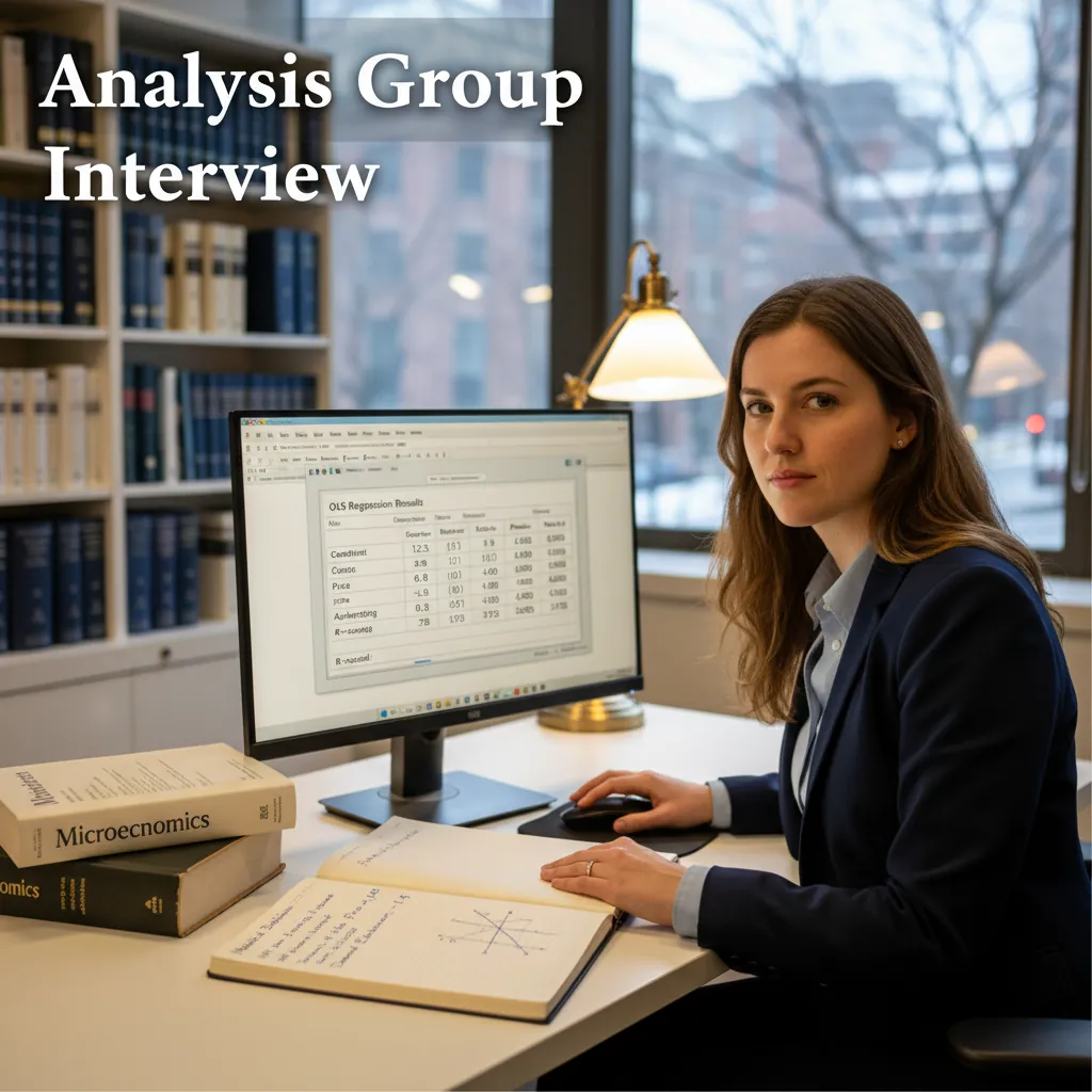 A candidate in a Boston economic consulting office reviewing econometric data and competition economics charts for an Analysis Group interview