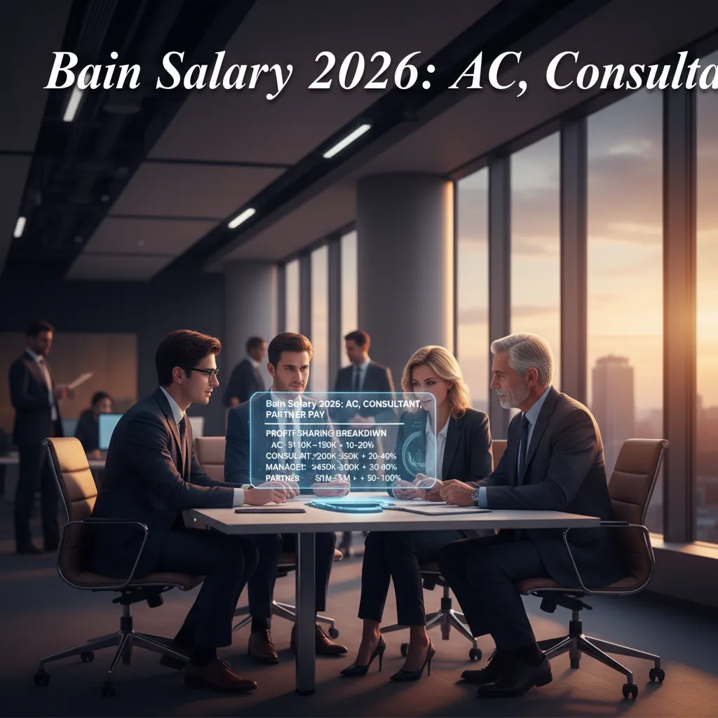 A Bain & Company office with a 2026 compensation chart overlay by career level and profit-sharing breakdown