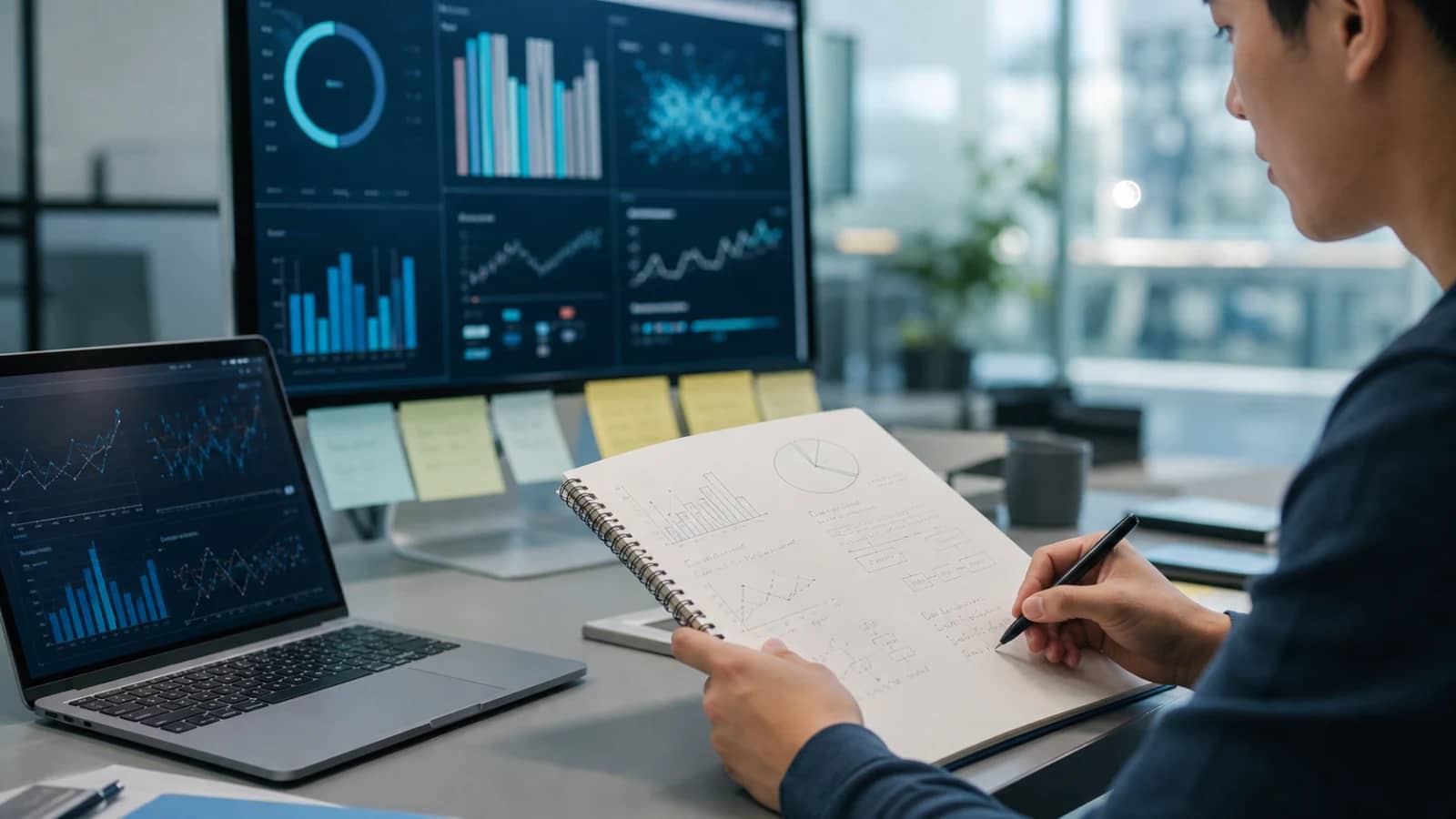 Candidate preparing for BCG X data science consulting interviews with case notes and charts