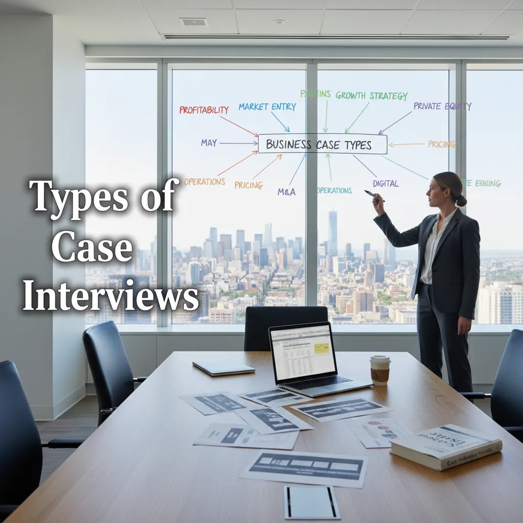 A consulting candidate at a whiteboard mapping out 8 different case interview type categories with color-coded framework trees in marker