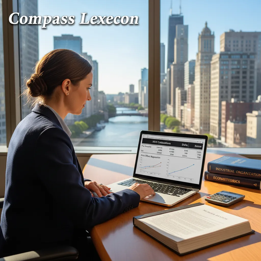 An economist reviewing antitrust case documents with regression output on a monitor in a modern consulting office with economic charts and legal briefs on the desk