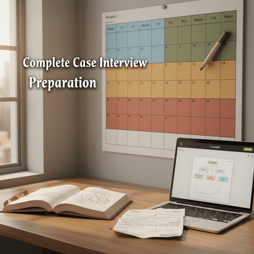 A candidate at a structured desk with a 4-phase prep calendar, open casebook, mental math drill sheet, and a laptop showing an AI case mock session