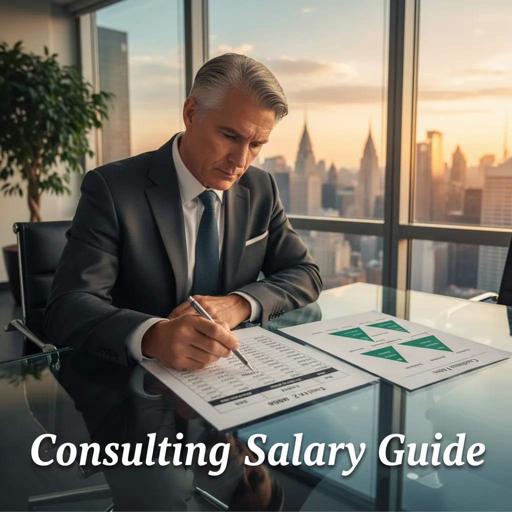 A consulting salary comparison chart spread across a conference table showing MBB, Tier 2, and Big 4 compensation tiers with base and bonus figures in a sleek modern consulting office