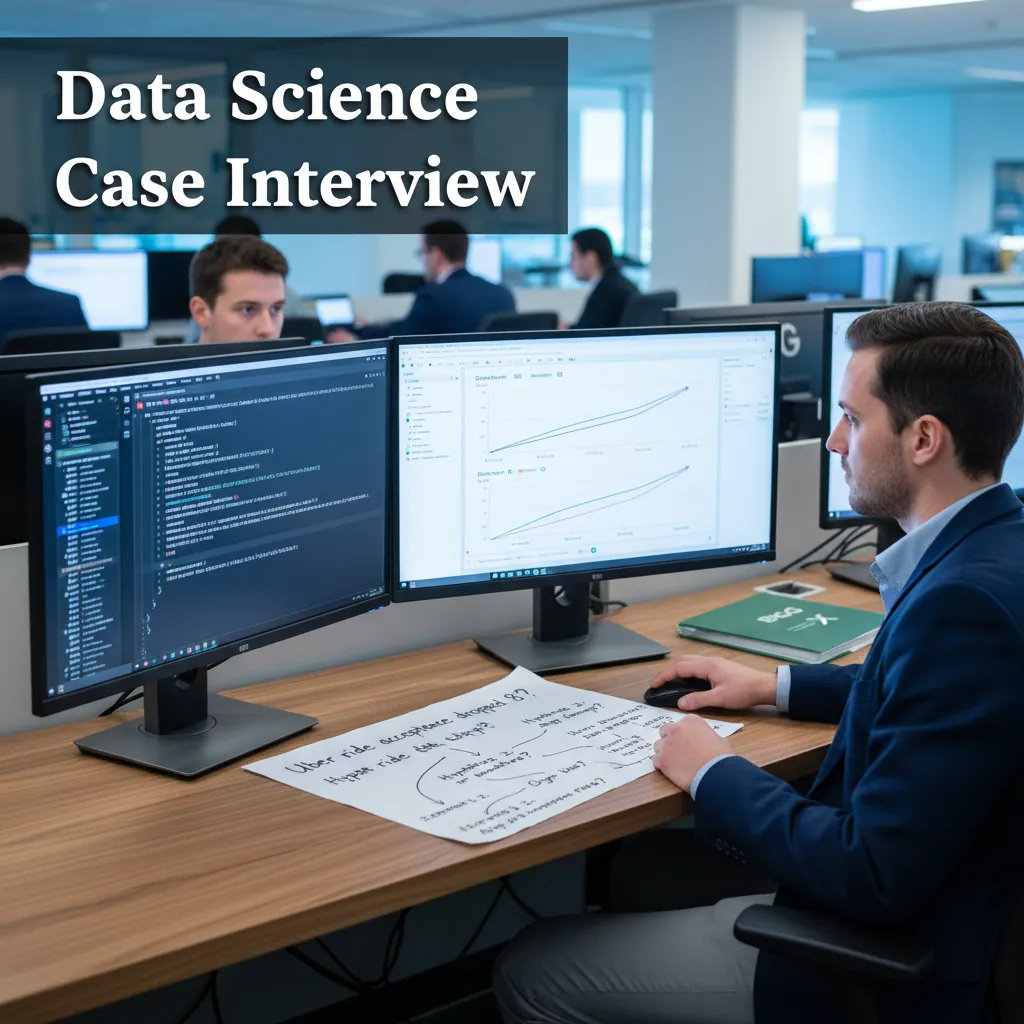 Data science case interview preparation showing Python code, business case frameworks, and consulting firm logos for BCG X and McKinsey QuantumBlack