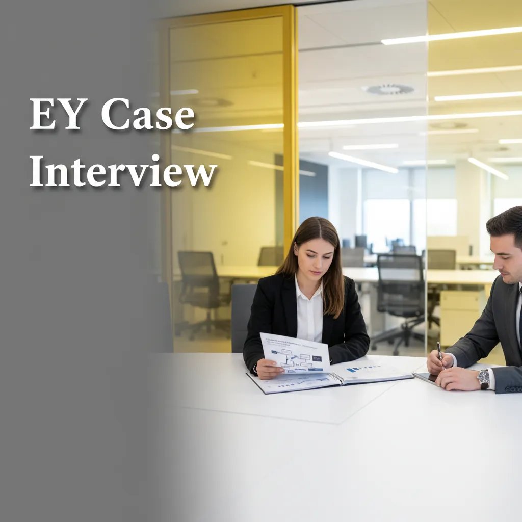 A candidate preparing notes at a desk with the EY logo visible on a glass office building in the background