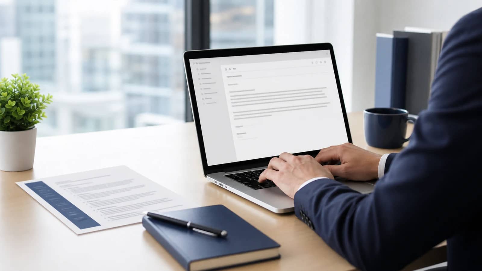 Consulting candidate writing a follow-up interview email beside structured interview notes
