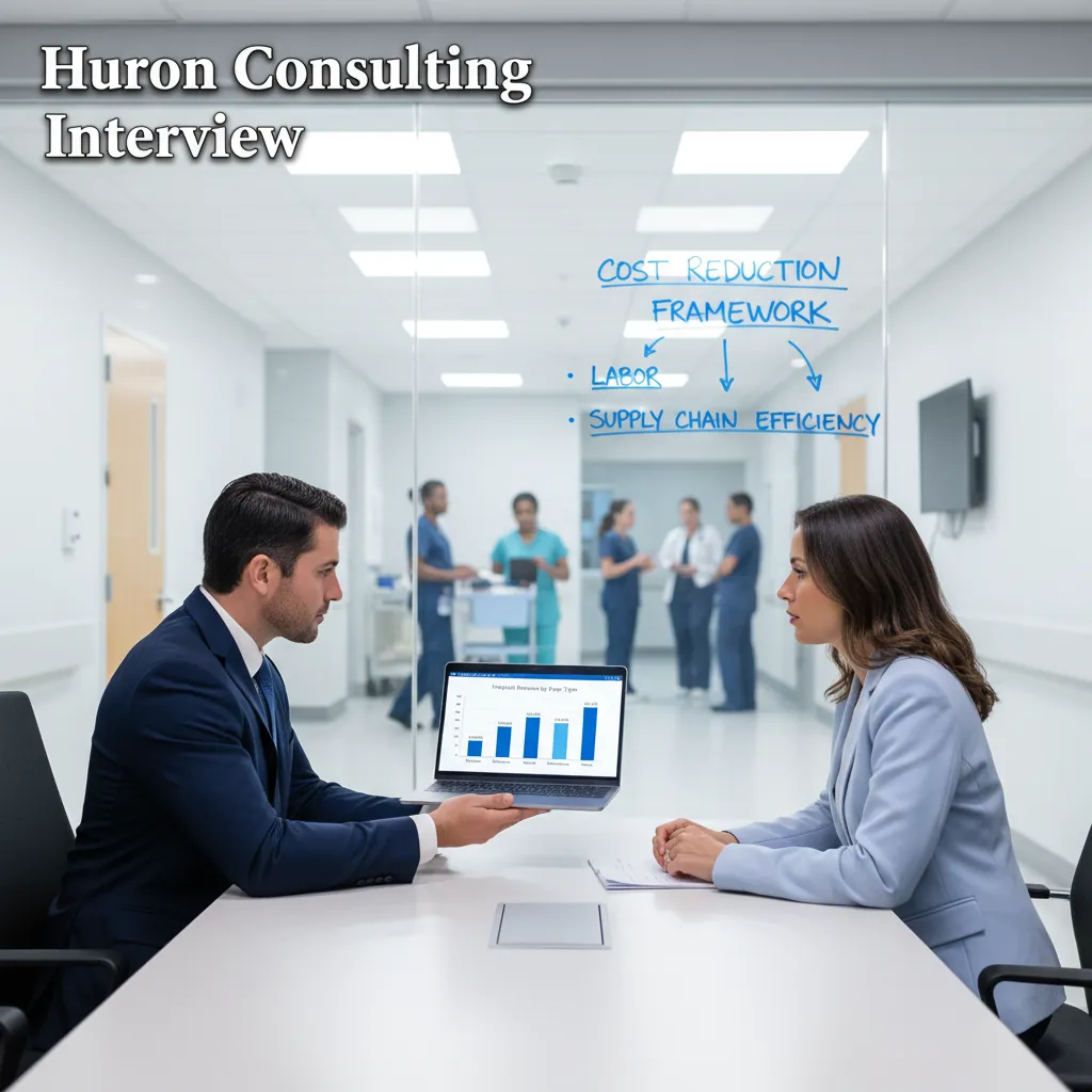 Huron Consulting case interview preparation guide showing healthcare and higher education consulting context
