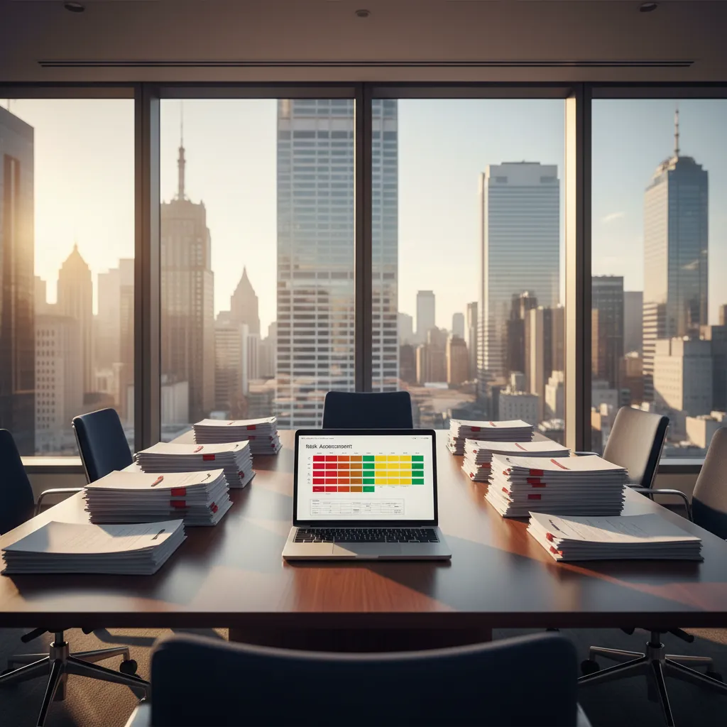 A candidate presenting strategy slides in a KPMG-branded conference room with city views — whiteboard framework visible, interviewer taking notes — illustrating the KPMG written case interview format
