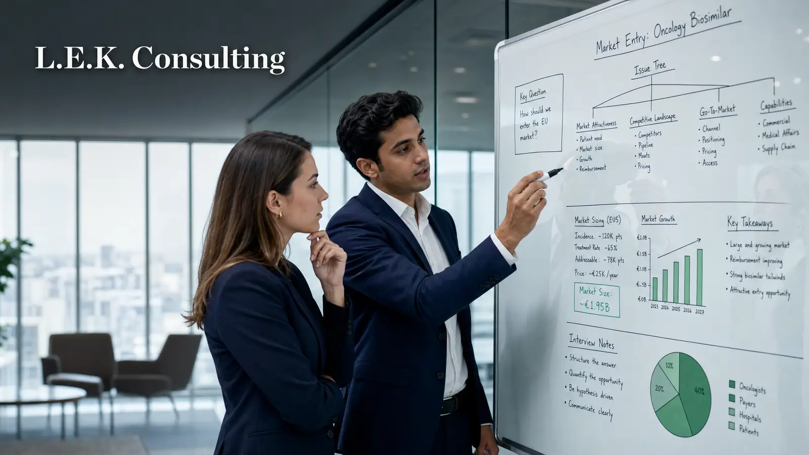 Consulting candidate preparing L.E.K. interview notes, case structure, and firm research