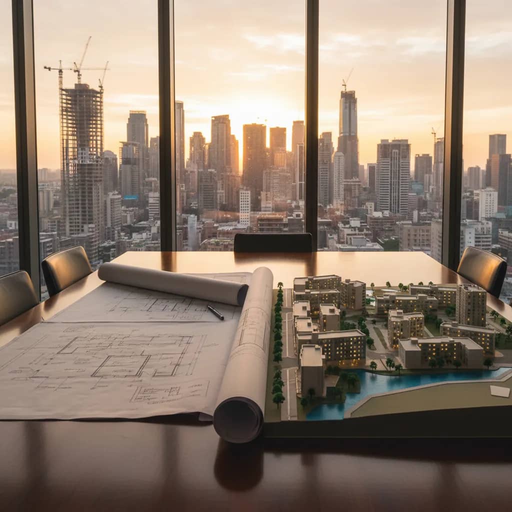 A strategy consultant reviewing a property portfolio dashboard with cap rate charts, NOI projections, and market maps pinned to a glass whiteboard in a modern real estate advisory office overlooking a city skyline