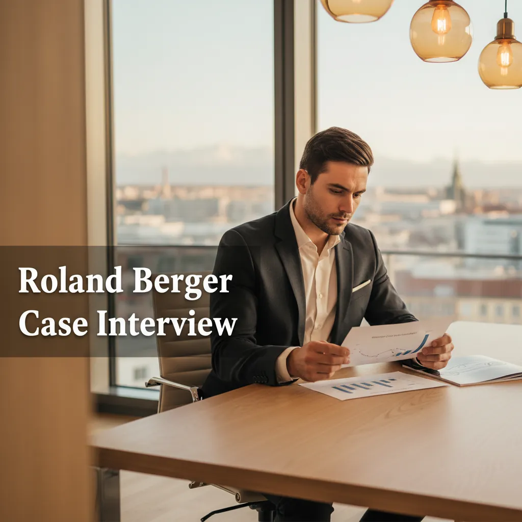 A candidate reviewing an automotive market analysis in a sleek Munich consulting office with floor-to-ceiling windows, Roland Berger-style minimalist European design and warm amber lighting