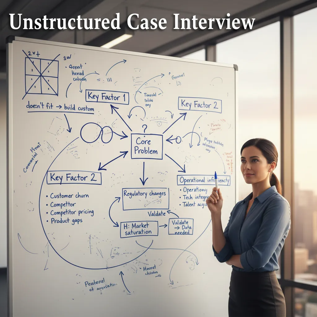 A candidate at a whiteboard thinking through a complex ambiguous problem with branching arrows and first-principles notes, no pre-built framework visible