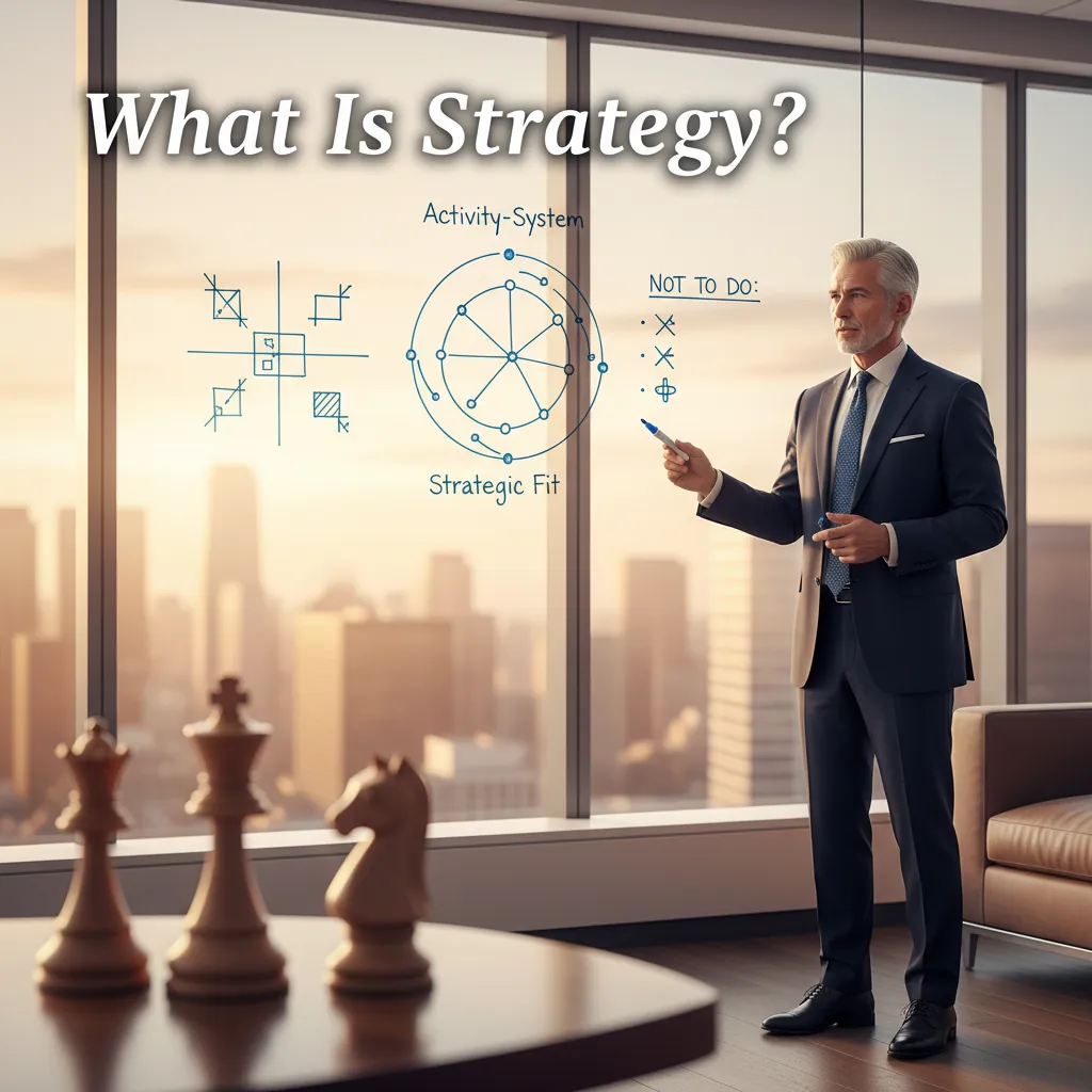 Strategist at a whiteboard mapping a company's unique position with frameworks visible in the background
